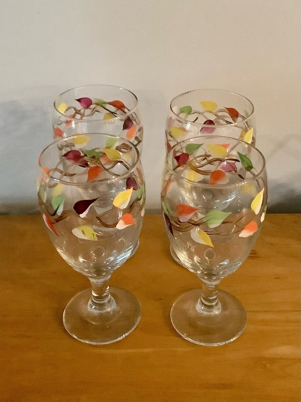 Colorful Hand Painted Leaf Stemmed Wine Glasses - Set of 4